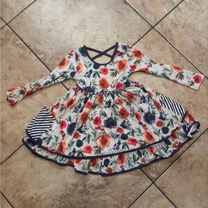 cheeky plum Floral Long-Sleeve Dress with Navy Trim and Striped Pockets